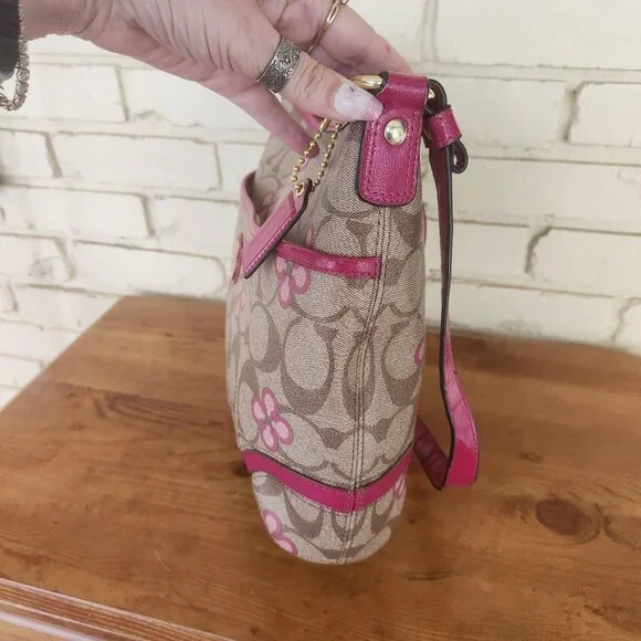 Coach Peyton Signature Khaki & Pink Crossbody Bag Purse Large - Picture 4 of 11